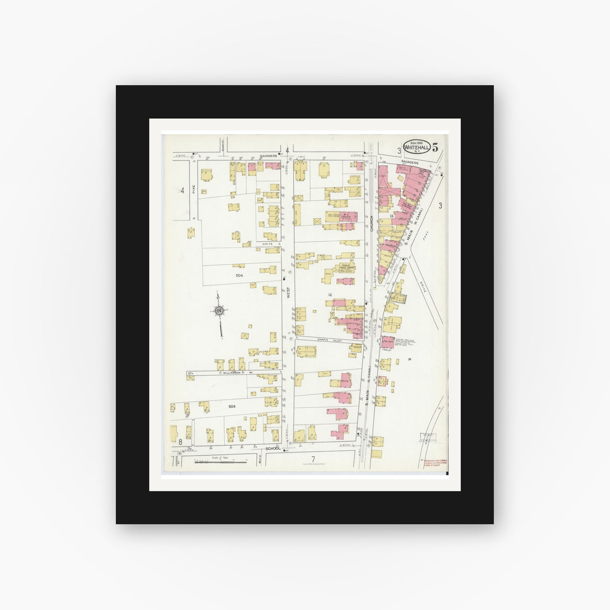 Old map wall art mockup — black gallery frame with white mat — Sanborn Fire Insurance Map from Whitehall, Washington County, New York (1916), Sheet #0005