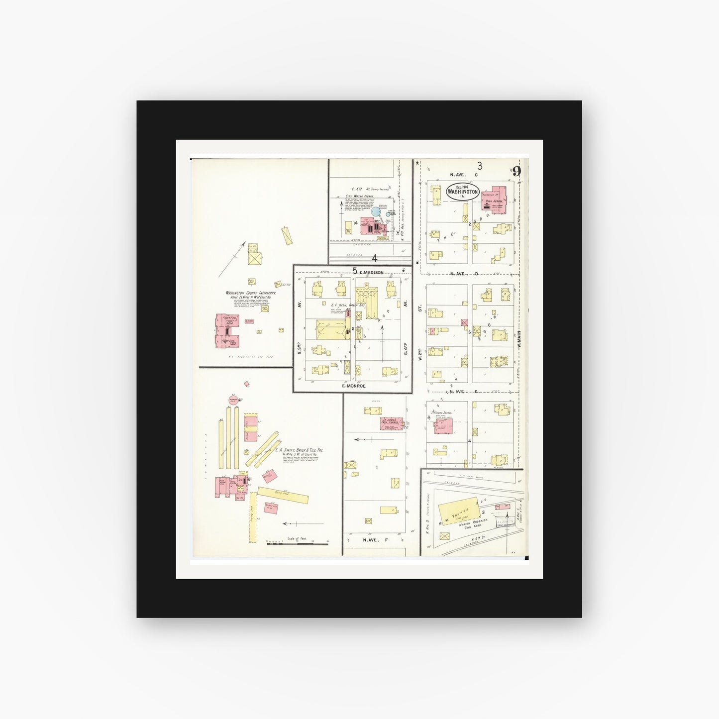 Old map wall art mockup — black gallery frame with white mat — Sanborn Fire Insurance Map from Washington, Washington County, Iowa (1902), Sheet #0009