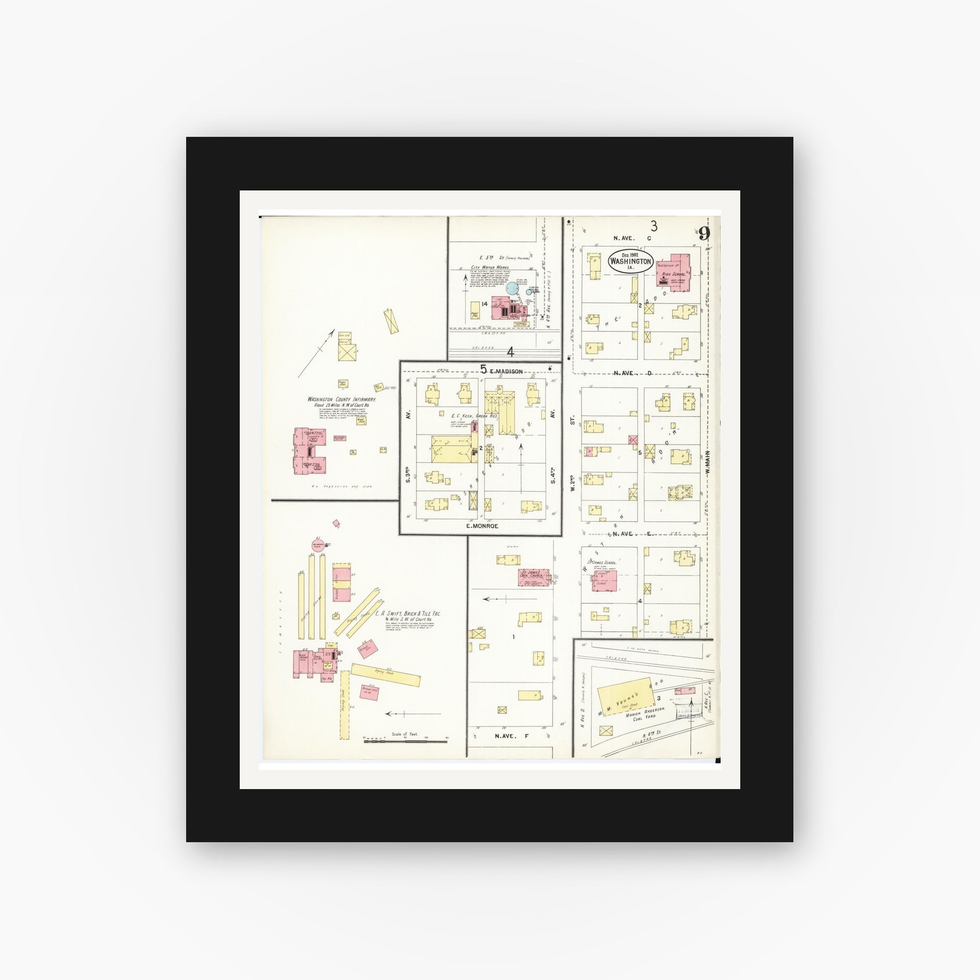 Old map wall art mockup — black gallery frame with white mat — Sanborn Fire Insurance Map from Washington, Washington County, Iowa (1902), Sheet #0009