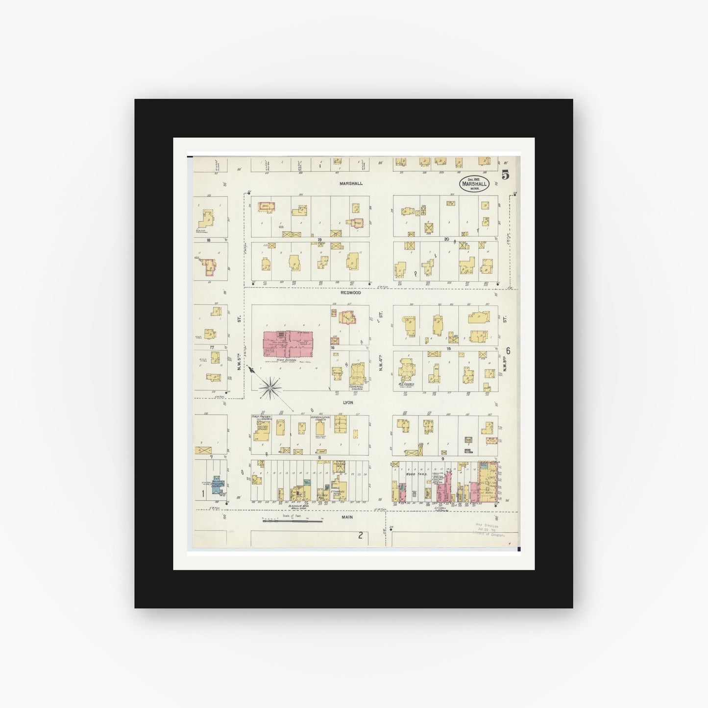 Old map wall art mockup — black gallery frame with white mat — Sanborn Fire Insurance Map from Marshall, Lyon County, Minnesota (1902), Sheet #0005