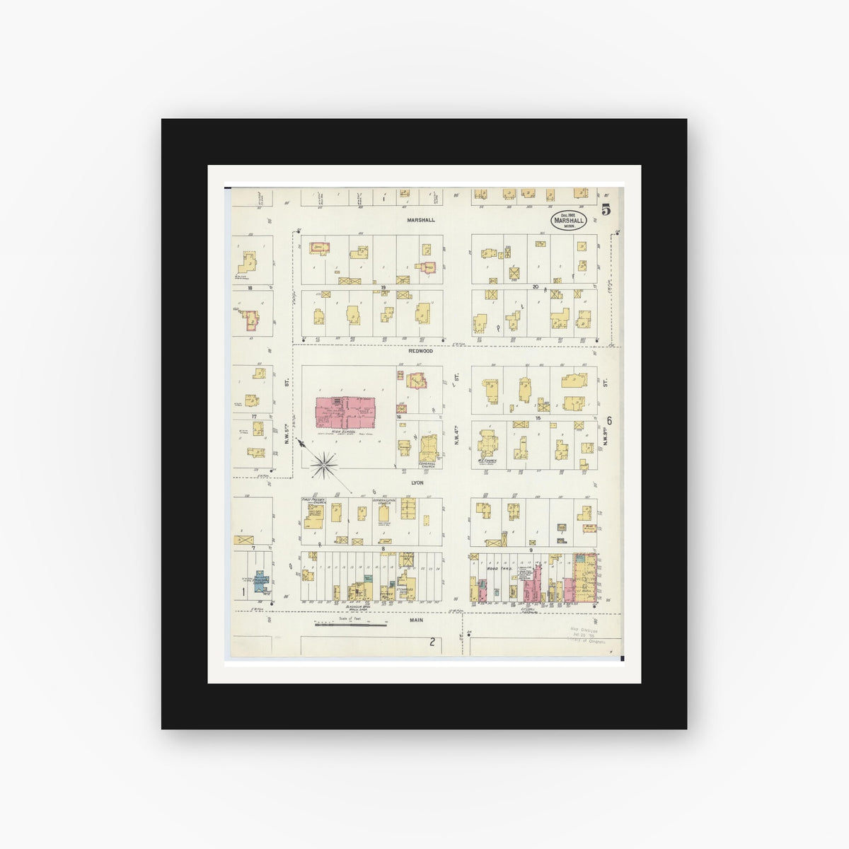 Old map wall art mockup — black gallery frame with white mat — Sanborn Fire Insurance Map from Marshall, Lyon County, Minnesota (1902), Sheet #0005