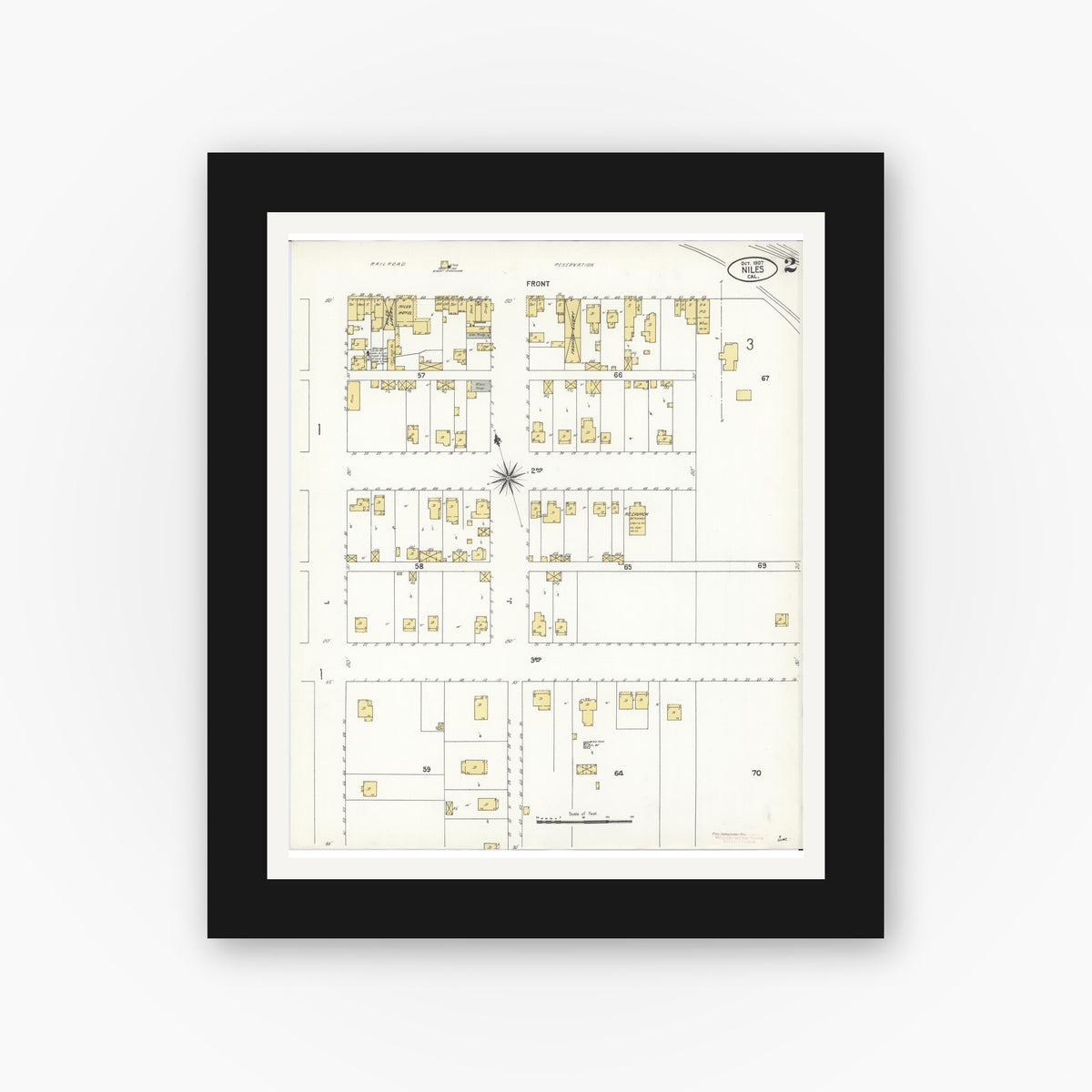 Old map wall art mockup — black gallery frame with white mat — Sanborn Fire Insurance Map from Niles, Alameda County, California (1907), Sheet #0002