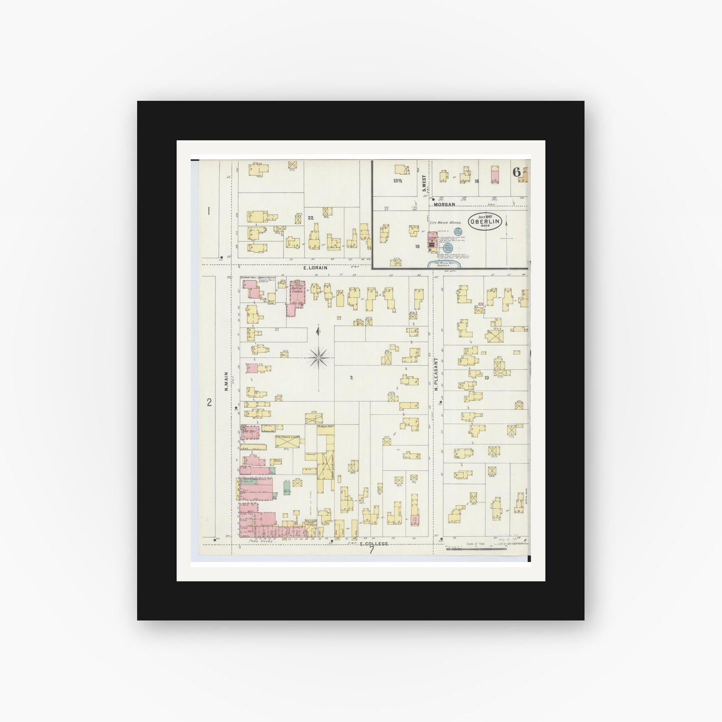 Old map wall art mockup — black gallery frame with white mat — Sanborn Fire Insurance Map from Oberlin, Lorain County, Ohio (1897), Sheet #0006