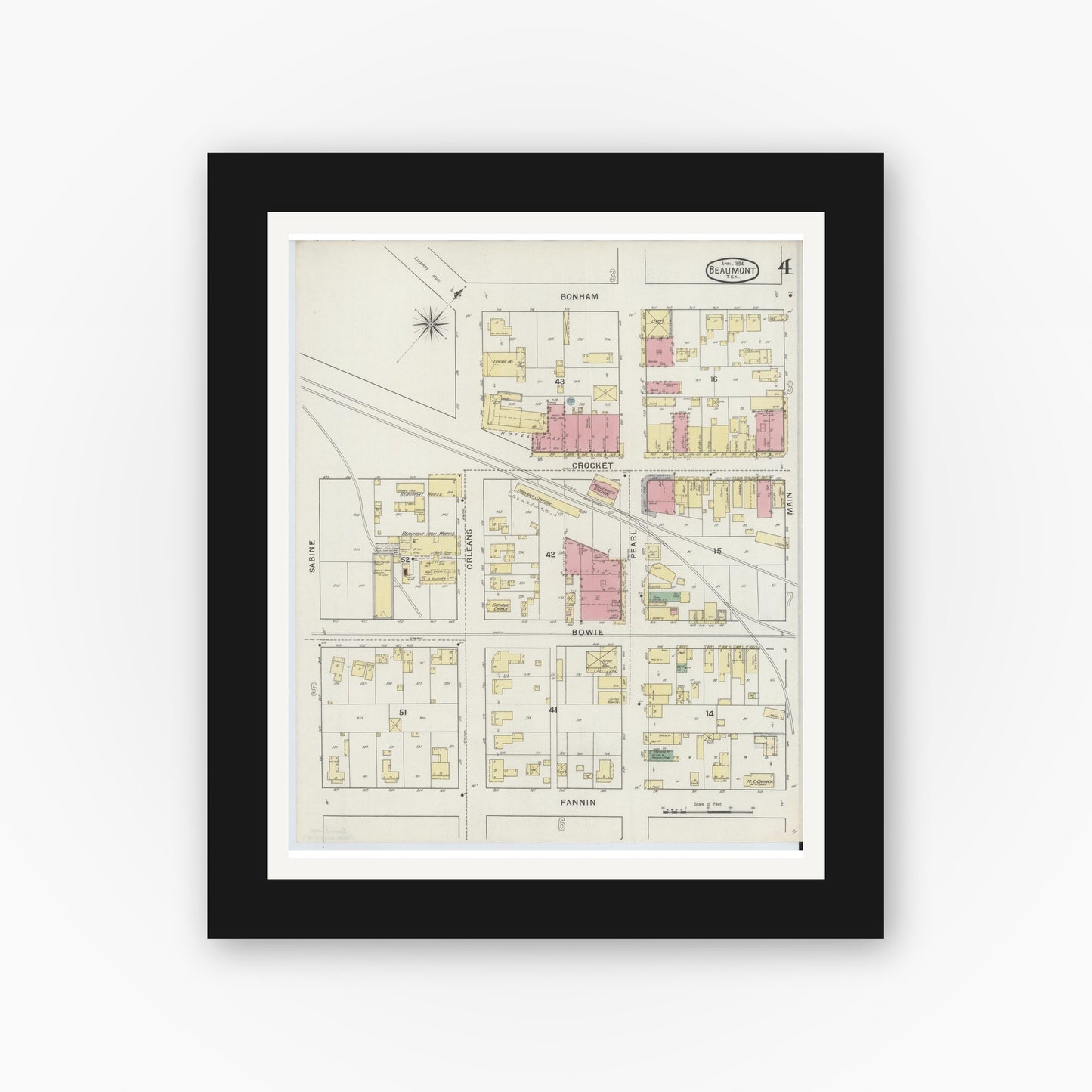 Old map wall art mockup — black gallery frame with white mat — Sanborn Fire Insurance Map from Beaumont, Jefferson County, Texas (1894), Sheet #0004