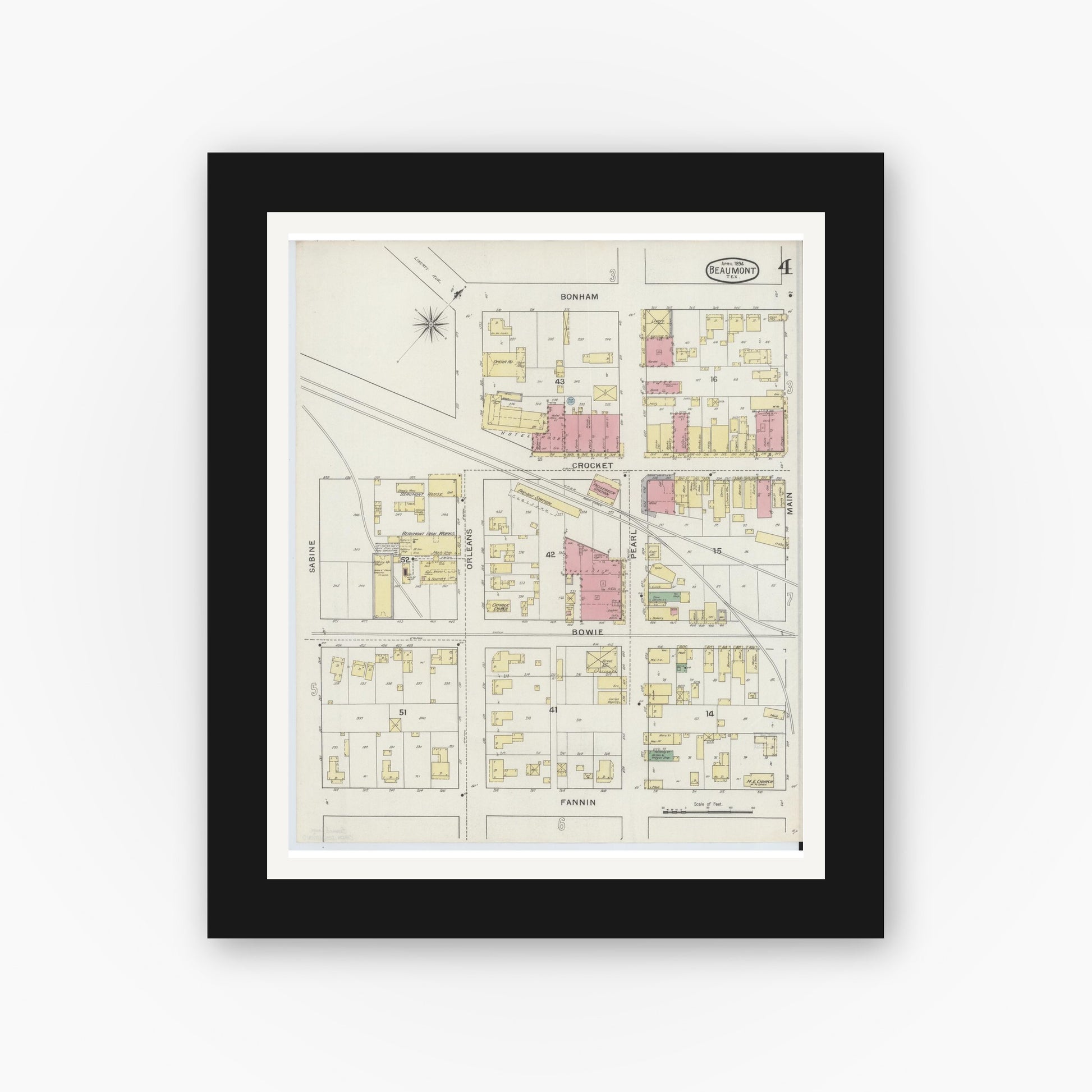 Old map wall art mockup — black gallery frame with white mat — Sanborn Fire Insurance Map from Beaumont, Jefferson County, Texas (1894), Sheet #0004