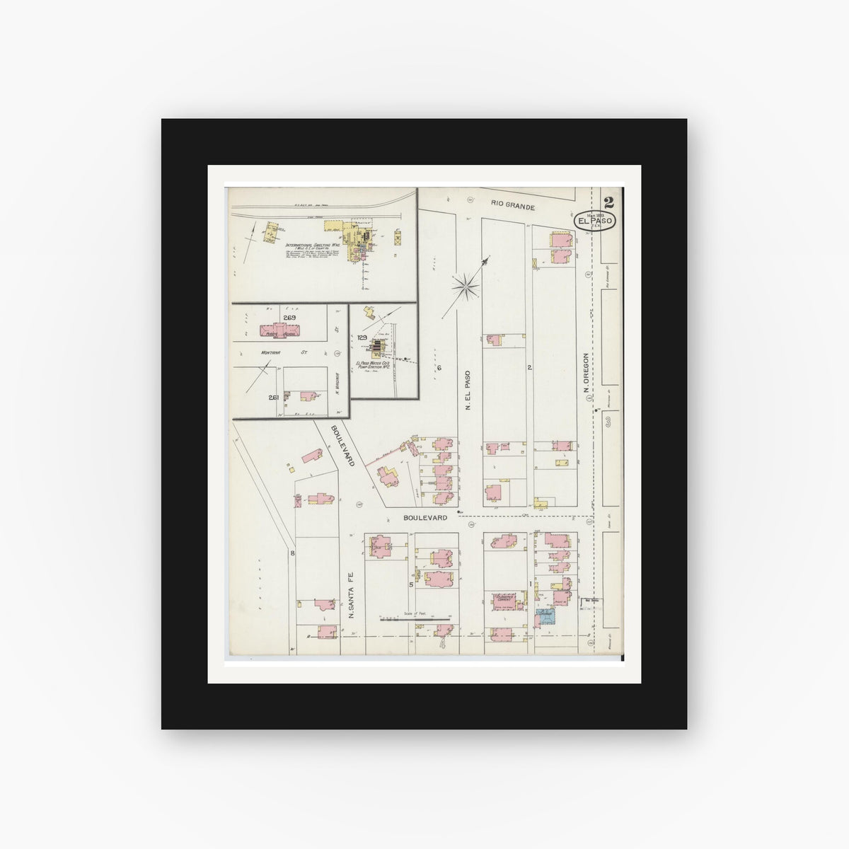 Old map wall art mockup — black gallery frame with white mat — Sanborn Fire Insurance Map from El Paso, El Paso County, Texas (1893), Sheet #0002