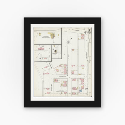 Old map wall art mockup — black gallery frame with white mat — Sanborn Fire Insurance Map from El Paso, El Paso County, Texas (1893), Sheet #0002