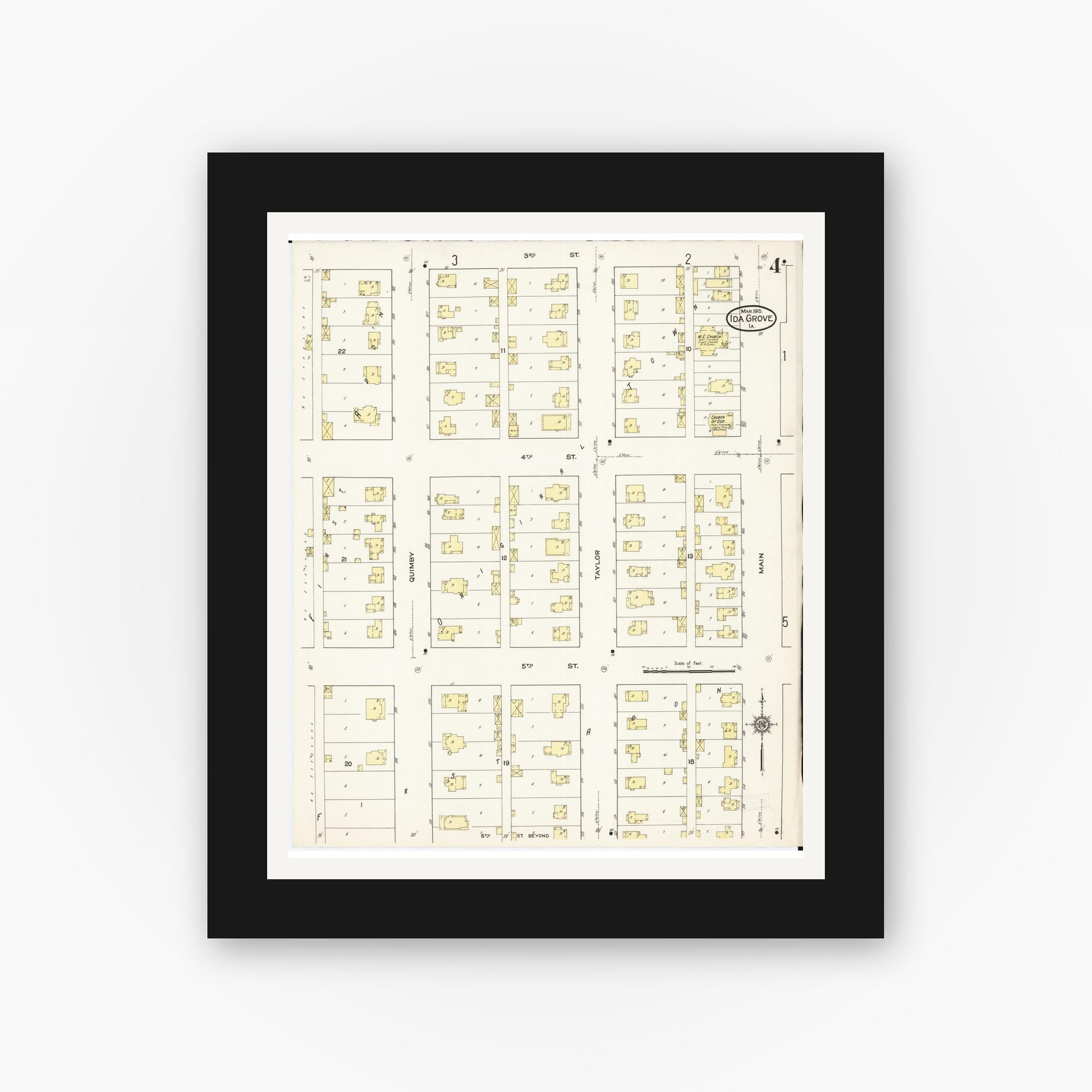 Old map wall art mockup — black gallery frame with white mat — Sanborn Fire Insurance Map from Ida Grove, Ida County, Iowa (1915), Sheet #0004