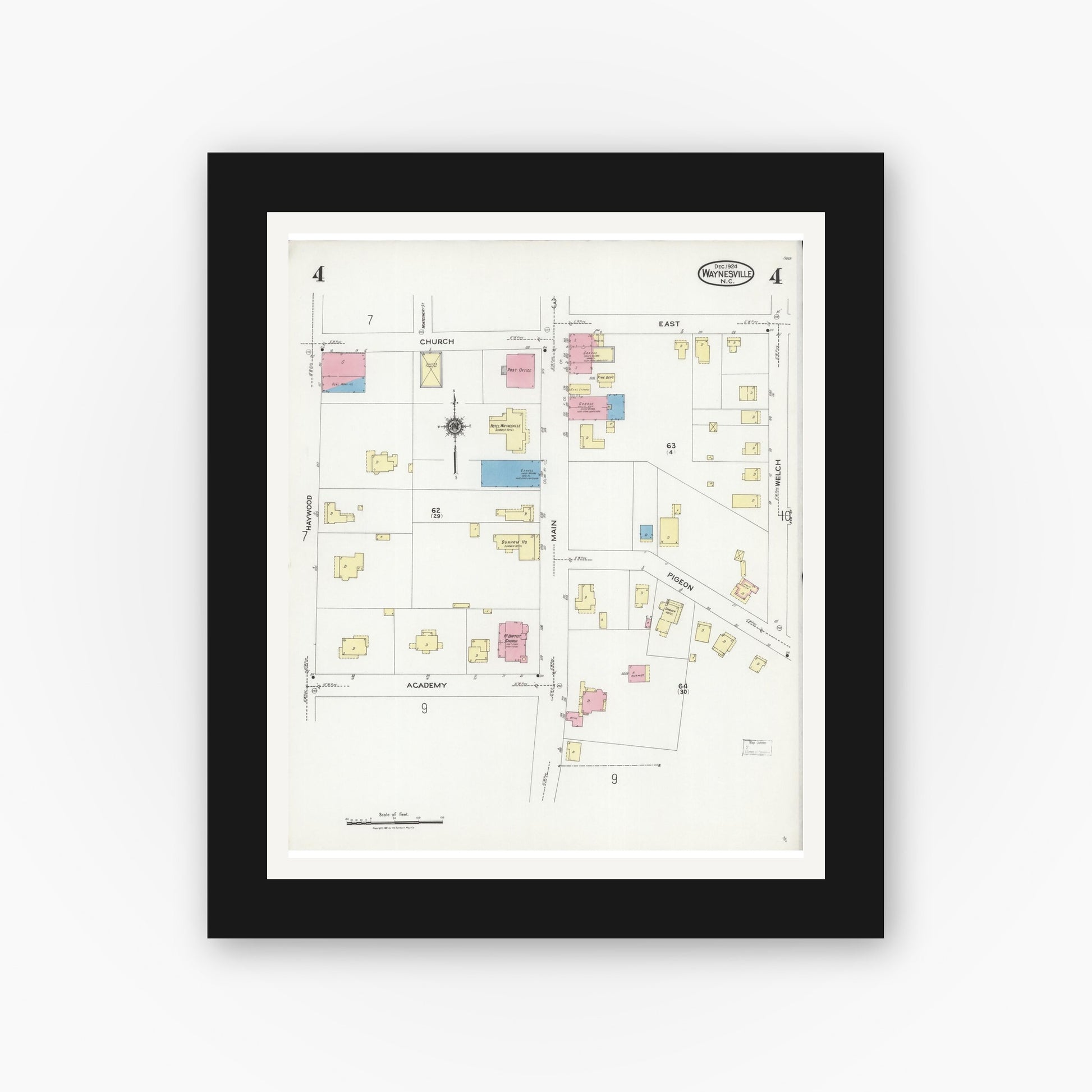 Old map wall art mockup — black gallery frame with white mat — Sanborn Fire Insurance Map from Waynesville, Haywood County, North Carolina (1924), Sheet #0004