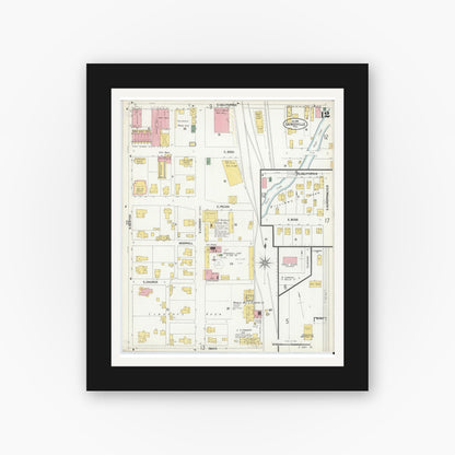 Old map wall art mockup — black gallery frame with white mat — Sanborn Fire Insurance Map from Gainesville, Cooke County, Texas (1902), Sheet #0012