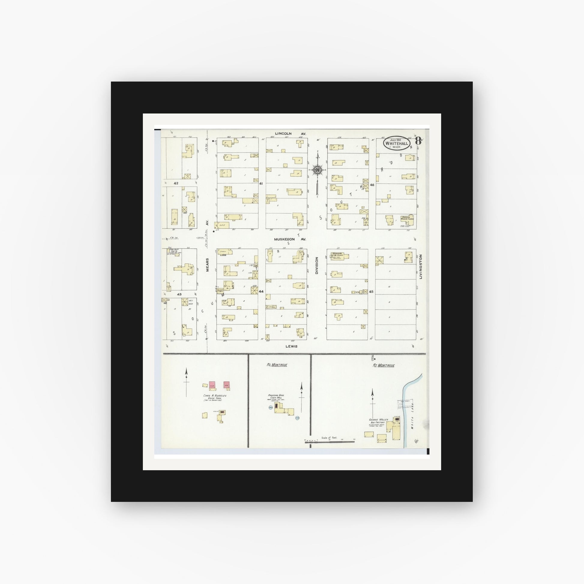 Old map wall art mockup — black gallery frame with white mat — Sanborn Fire Insurance Map from Whitehall, Muskegon County, Michigan (1910), Sheet #0008
