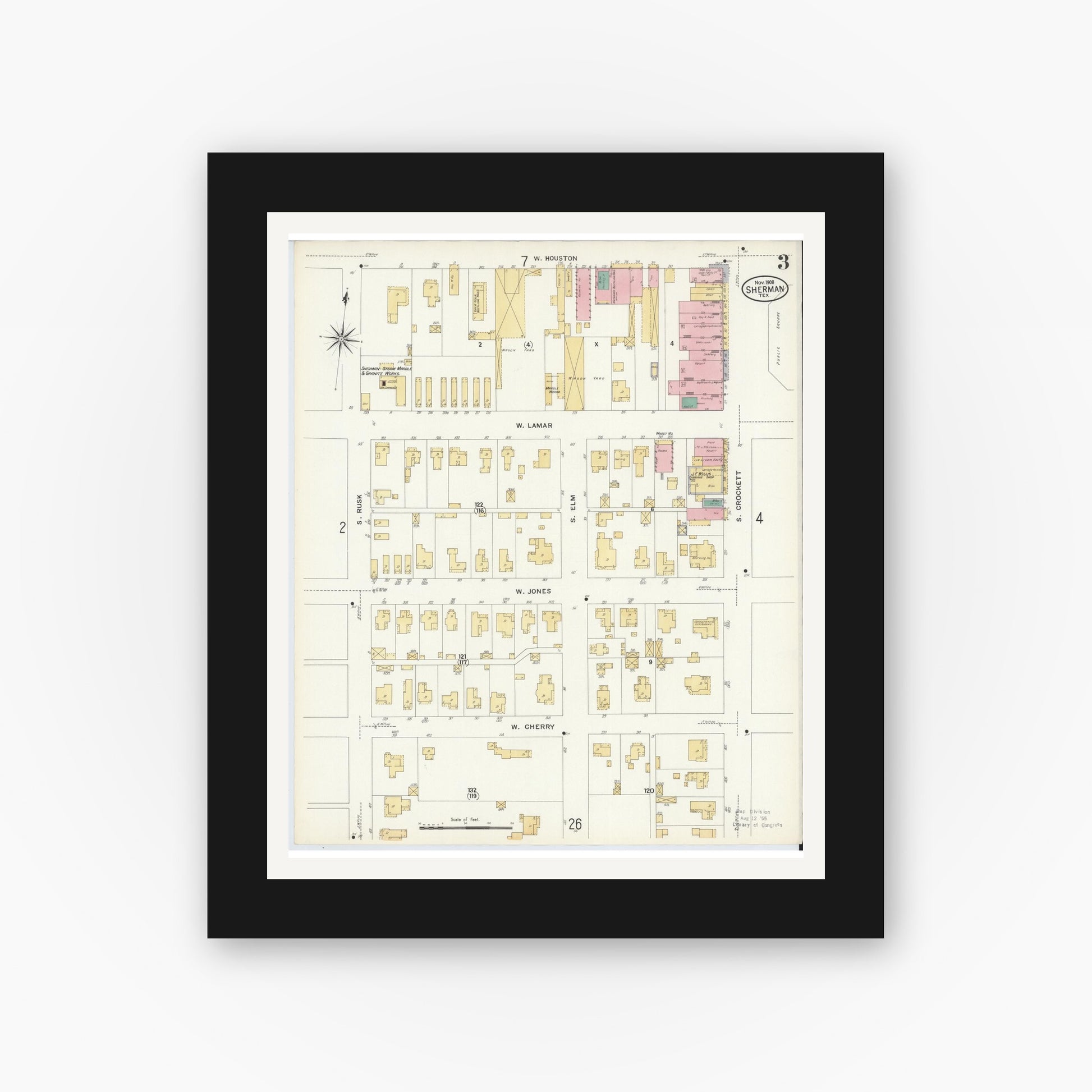 Old map wall art mockup — black gallery frame with white mat — Sanborn Fire Insurance Map from Sherman, Grayson County, Texas (1908), Sheet #0003