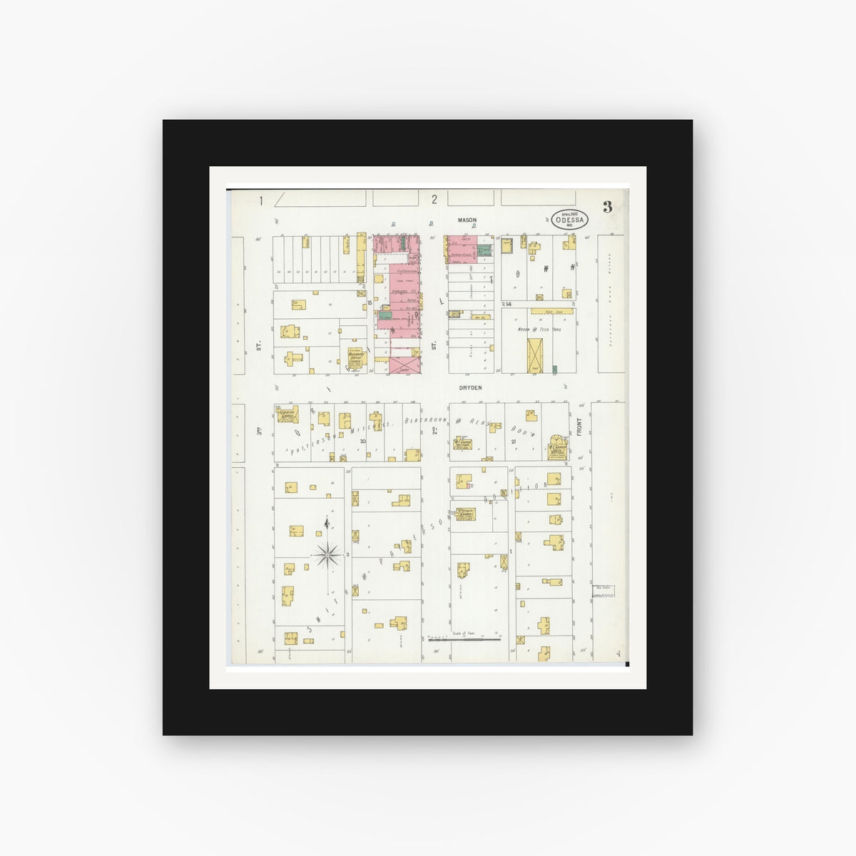 Old map wall art mockup — black gallery frame with white mat — Sanborn Fire Insurance Map from Odessa, Lafayette County, Missouri (1900), Sheet #0003