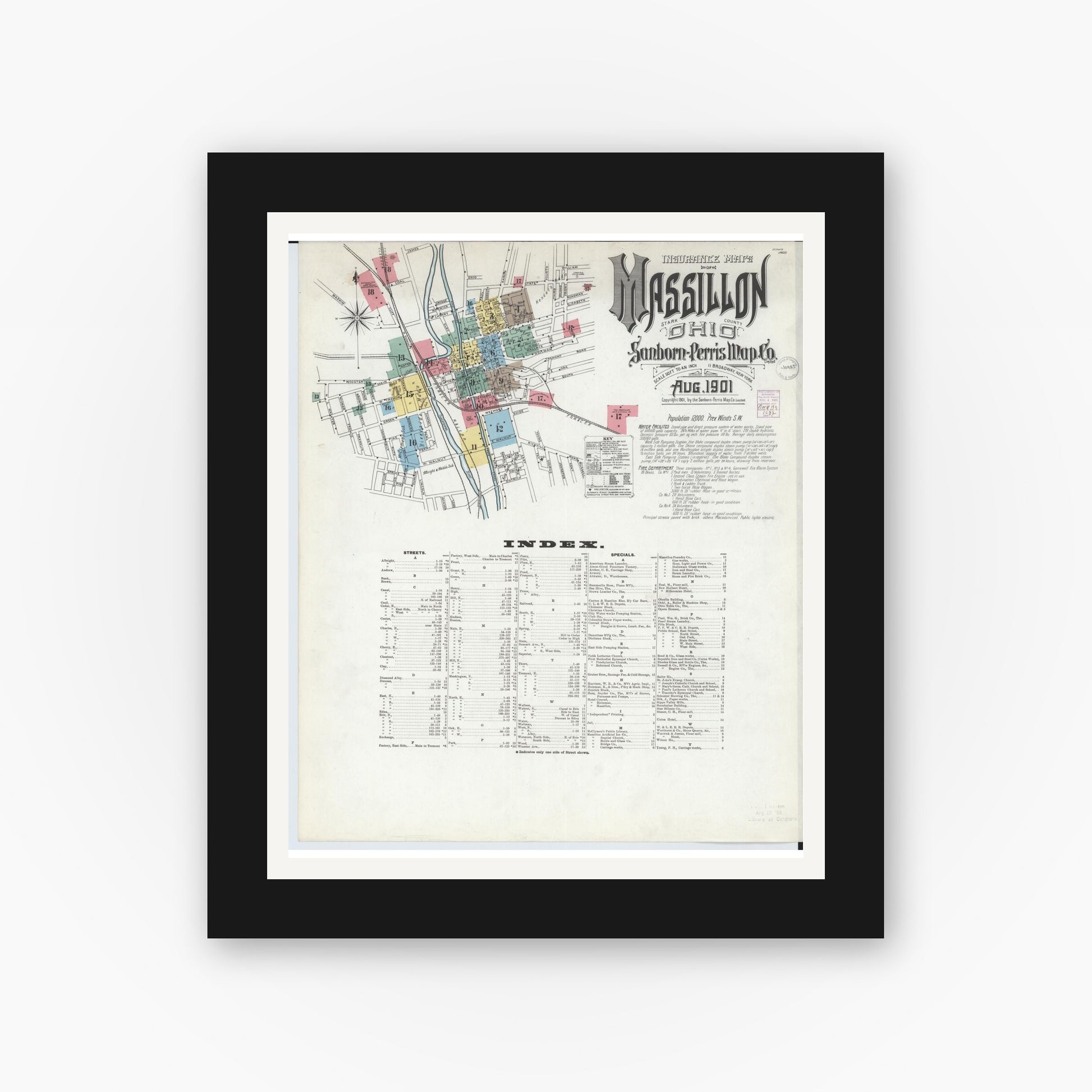Old map wall art mockup — black gallery frame with white mat — Sanborn Fire Insurance Map from Massillon, Stark County, Ohio (1901), Sheet #0001