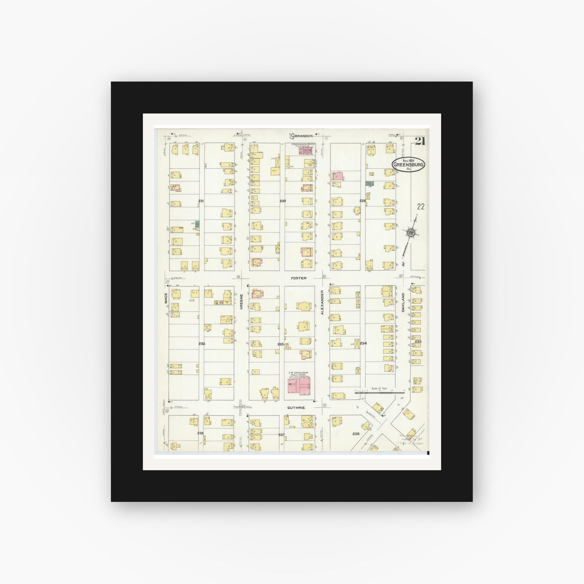 Old map wall art mockup — black gallery frame with white mat — Sanborn Fire Insurance Map from Greensburg, Westmoreland County, Pennsylvania (1909), Sheet #0021