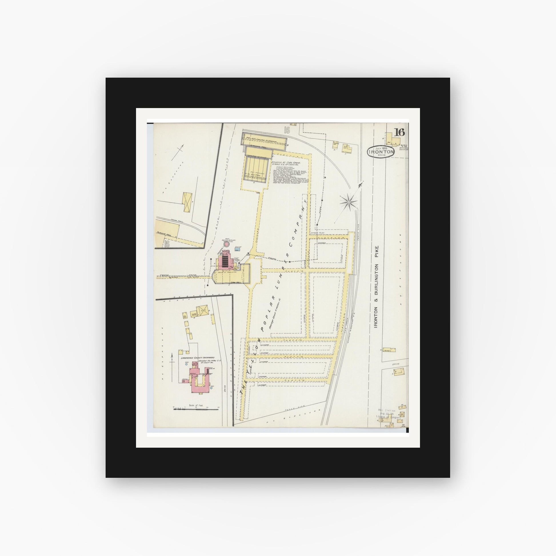 Old map wall art mockup — black gallery frame with white mat — Sanborn Fire Insurance Map from Ironton, Lawrence County, Ohio (1893), Sheet #0016