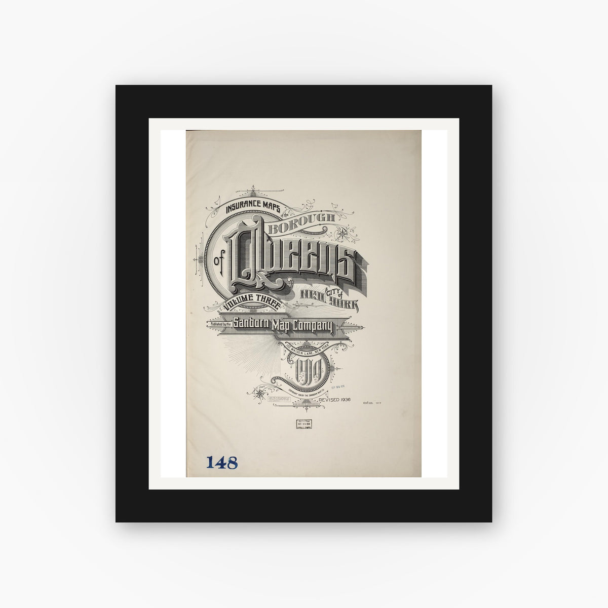Old map wall art mockup — black gallery frame with white mat — Sanborn Fire Insurance Map from Queens, Queens County, New York (1936), Sheet #0001
