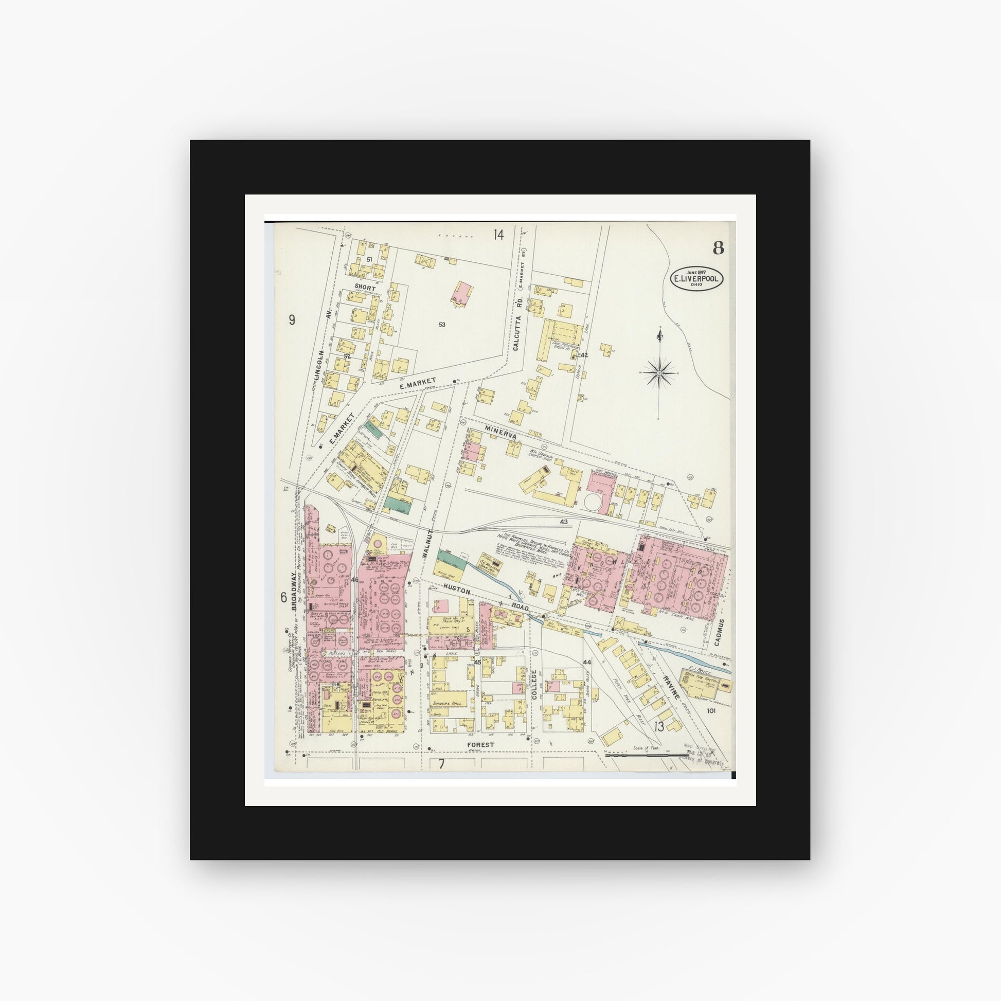 Old map wall art mockup — black gallery frame with white mat — Sanborn Fire Insurance Map from East Liverpool, Columbiana County, Ohio (1897), Sheet #0008