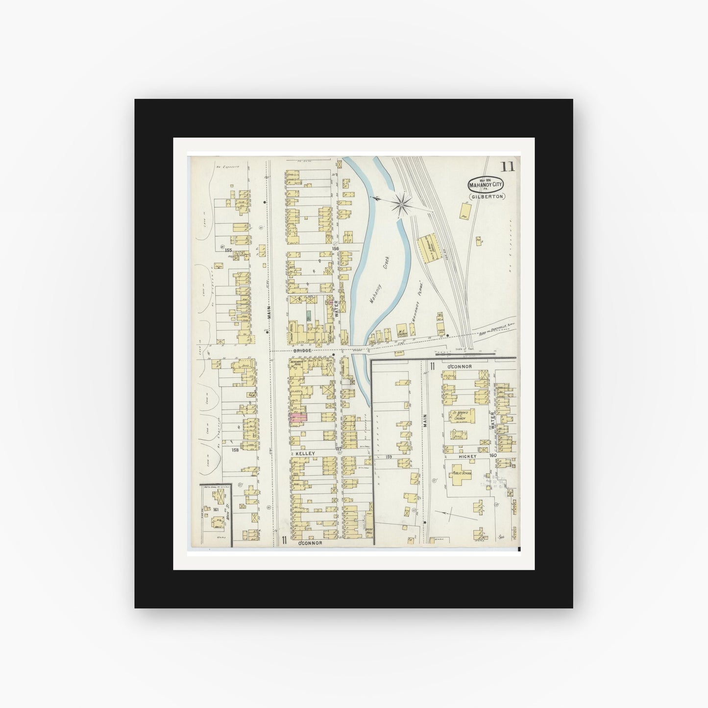 Old map wall art mockup — black gallery frame with white mat — Sanborn Fire Insurance Map from Mahanoy City, Schuylkill County, Pennsylvania (1896), Sheet #0011