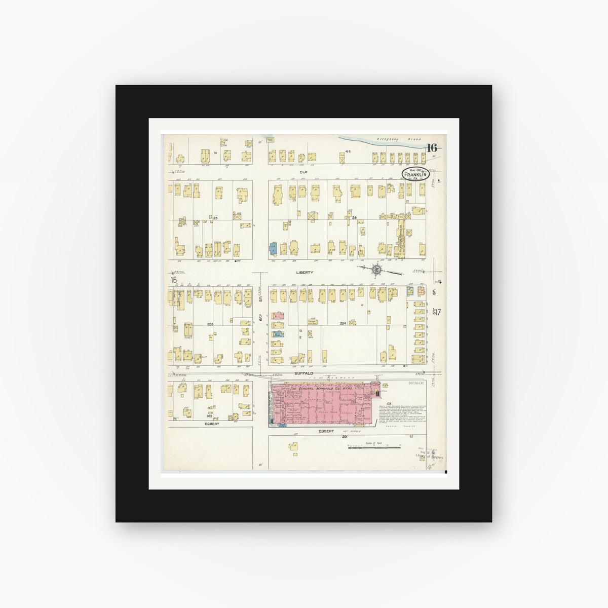 Old map wall art mockup — black gallery frame with white mat — Sanborn Fire Insurance Map from Franklin, Venango County, Pennsylvania (1912), Sheet #0016