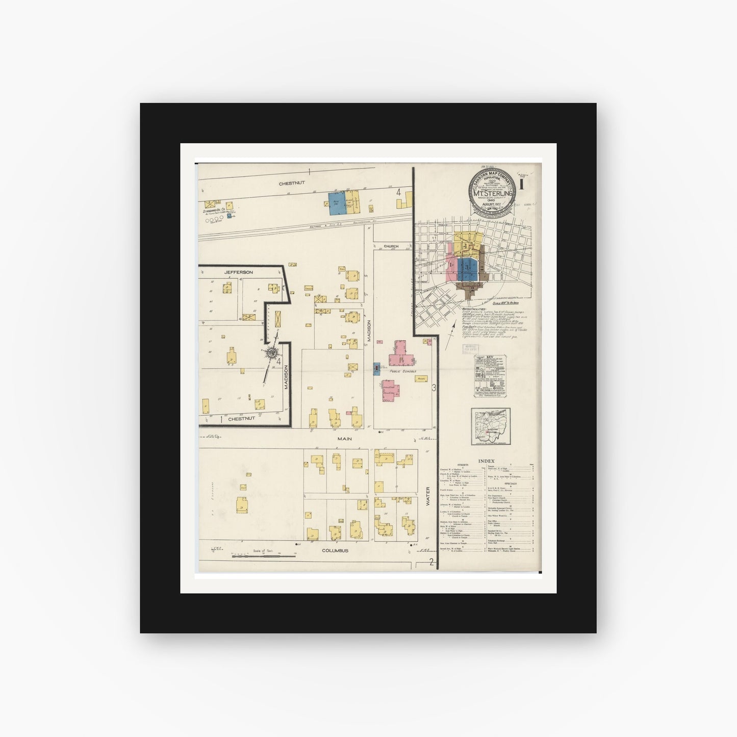 Old map wall art mockup — black gallery frame with white mat — Sanborn Fire Insurance Map from Mount Sterling, Madison County, Ohio (1922), Sheet #0001