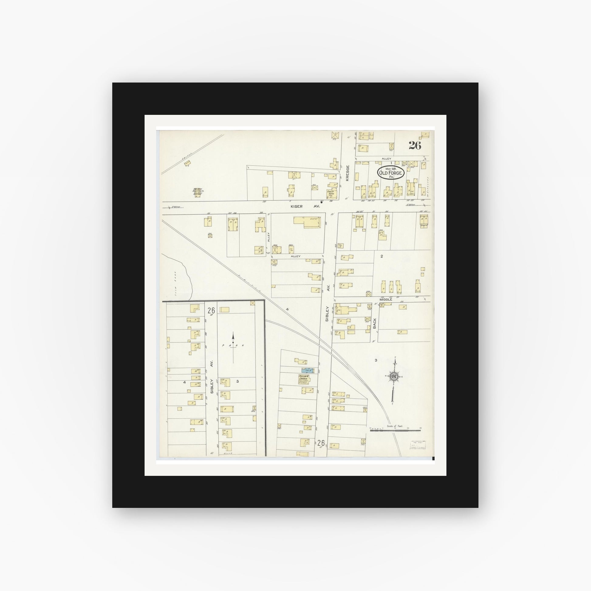 Old map wall art mockup — black gallery frame with white mat — Sanborn Fire Insurance Map from Old Forge, Lackawanna County, Pennsylvania (1914), Sheet #0026
