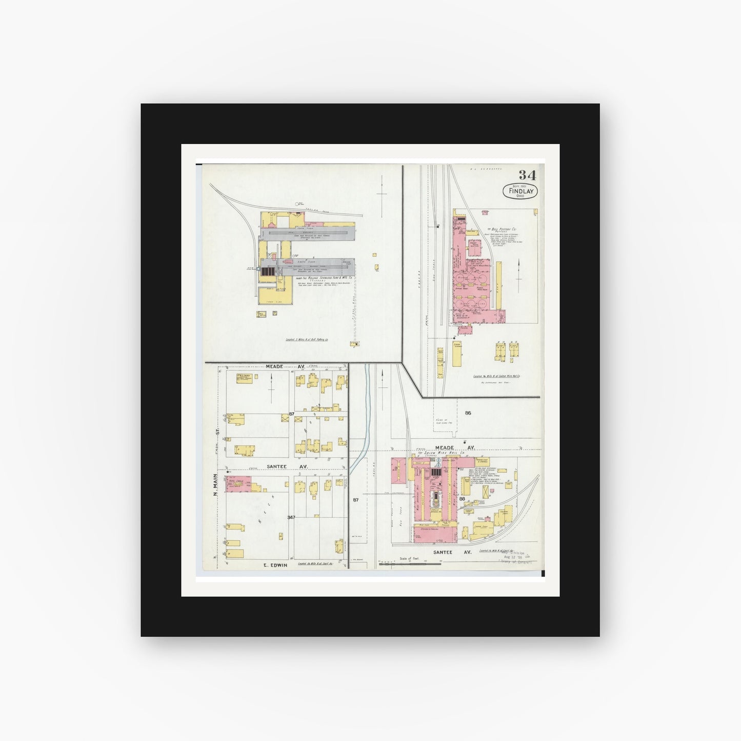Old map wall art mockup — black gallery frame with white mat — Sanborn Fire Insurance Map from Findlay, Hancock County, Ohio (1901), Sheet #0034