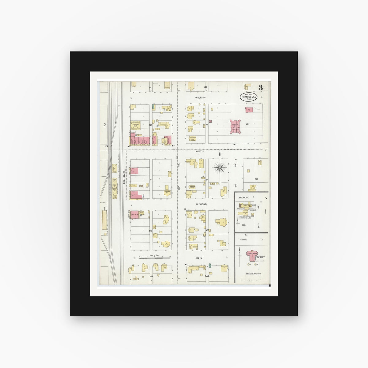 Old map wall art mockup — black gallery frame with white mat — Sanborn Fire Insurance Map from Hempstead, Waller County, Texas (1906), Sheet #0003
