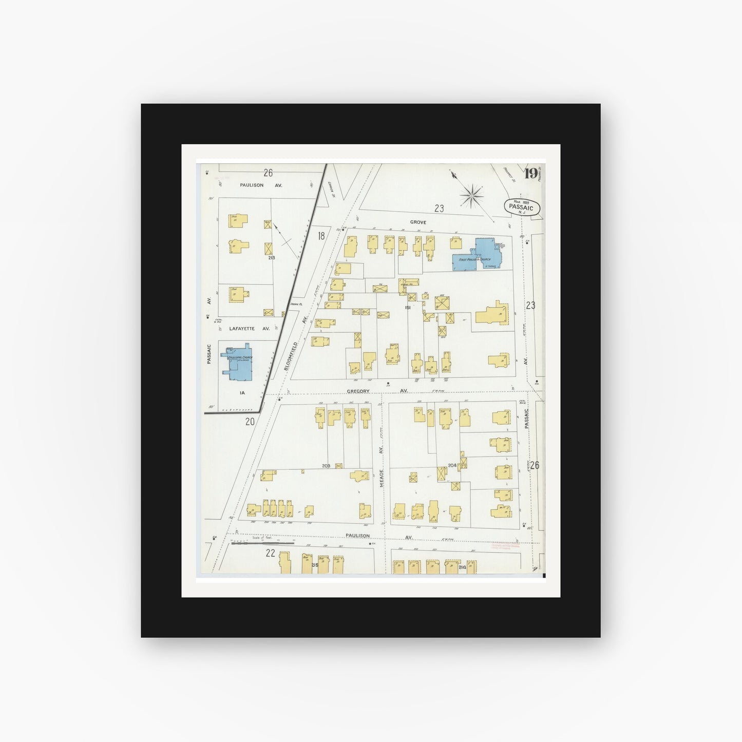 Old map wall art mockup — black gallery frame with white mat — Sanborn Fire Insurance Map from Passaic, Passaic County, New Jersey (1899), Sheet #0019