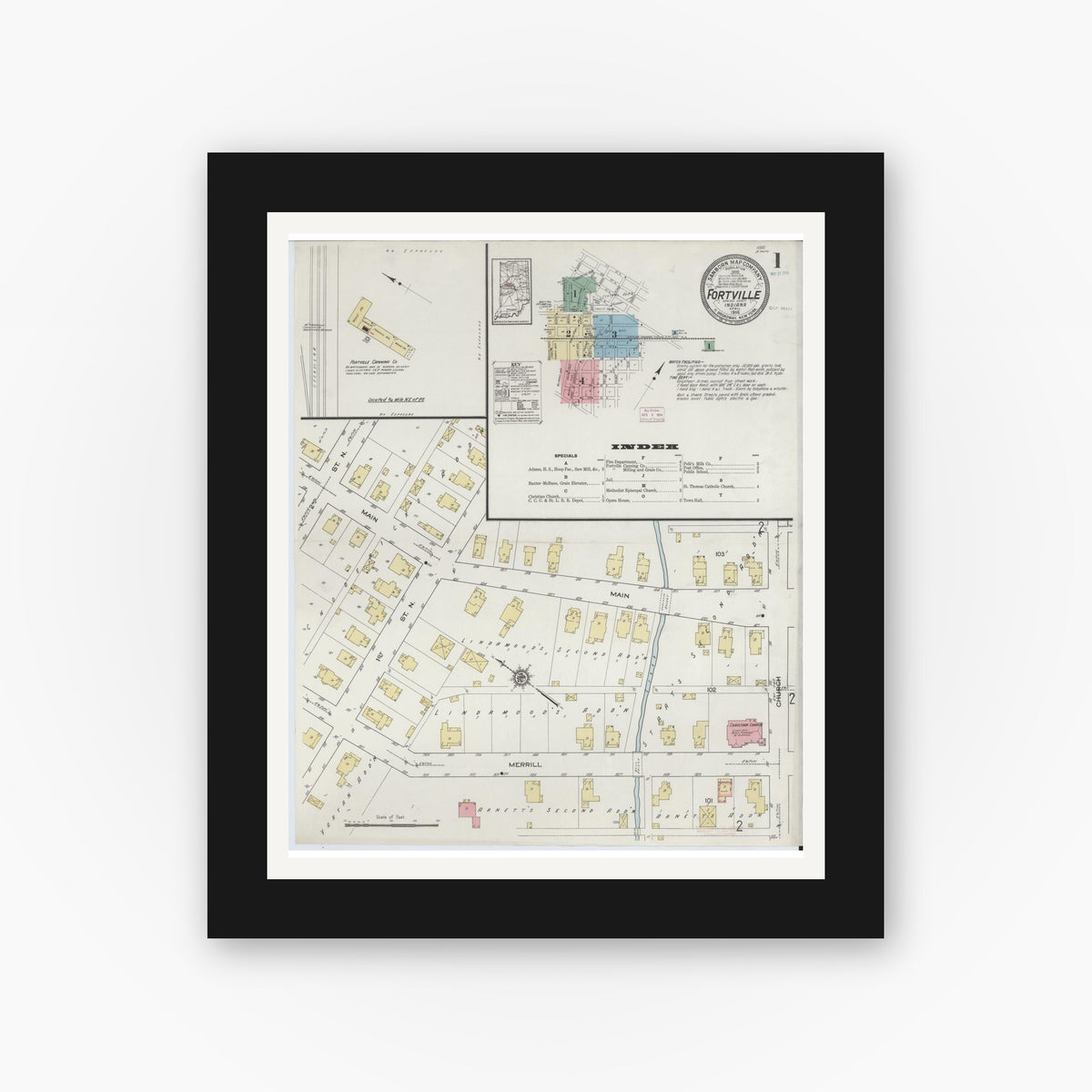 Old map wall art mockup — black gallery frame with white mat — Sanborn Fire Insurance Map from Fortville, Hancock County, Indiana (1914), Sheet #0001