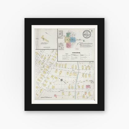 Old map wall art mockup — black gallery frame with white mat — Sanborn Fire Insurance Map from Fortville, Hancock County, Indiana (1914), Sheet #0001