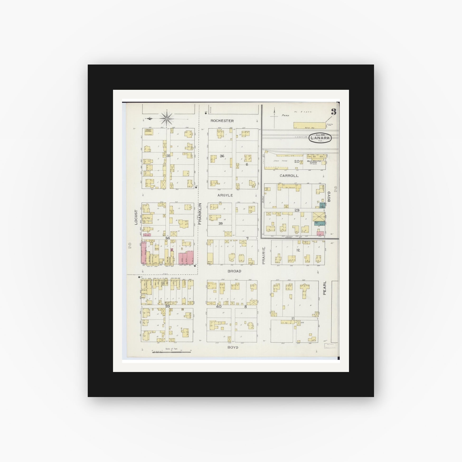 Old map wall art mockup — black gallery frame with white mat — Sanborn Fire Insurance Map from Lanark, Carroll County, Illinois (1893), Sheet #0003