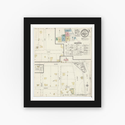 Old map wall art mockup — black gallery frame with white mat — Sanborn Fire Insurance Map from Dade City, Pasco County, Florida (1914), Sheet #0001