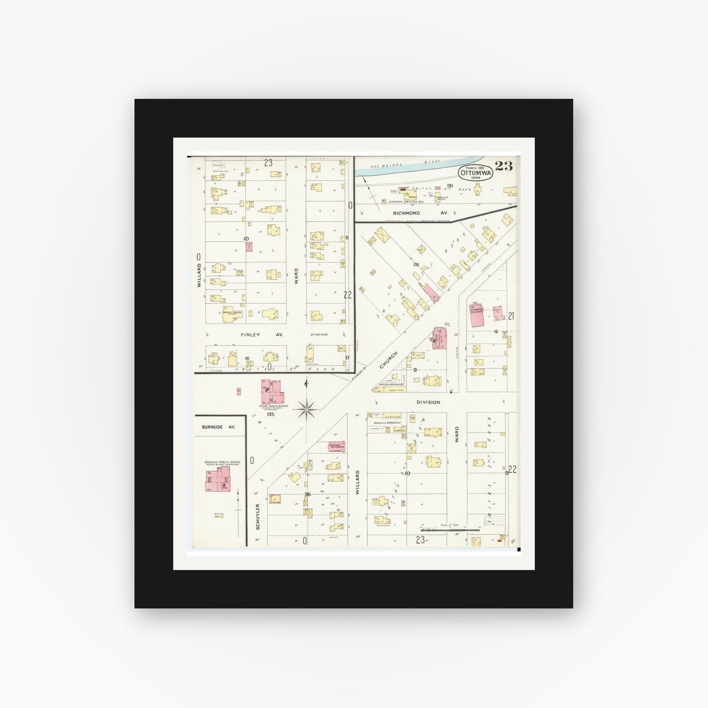 Old map wall art mockup — black gallery frame with white mat — Sanborn Fire Insurance Map from Ottumwa, Wapello County, Iowa (1897), Sheet #0023