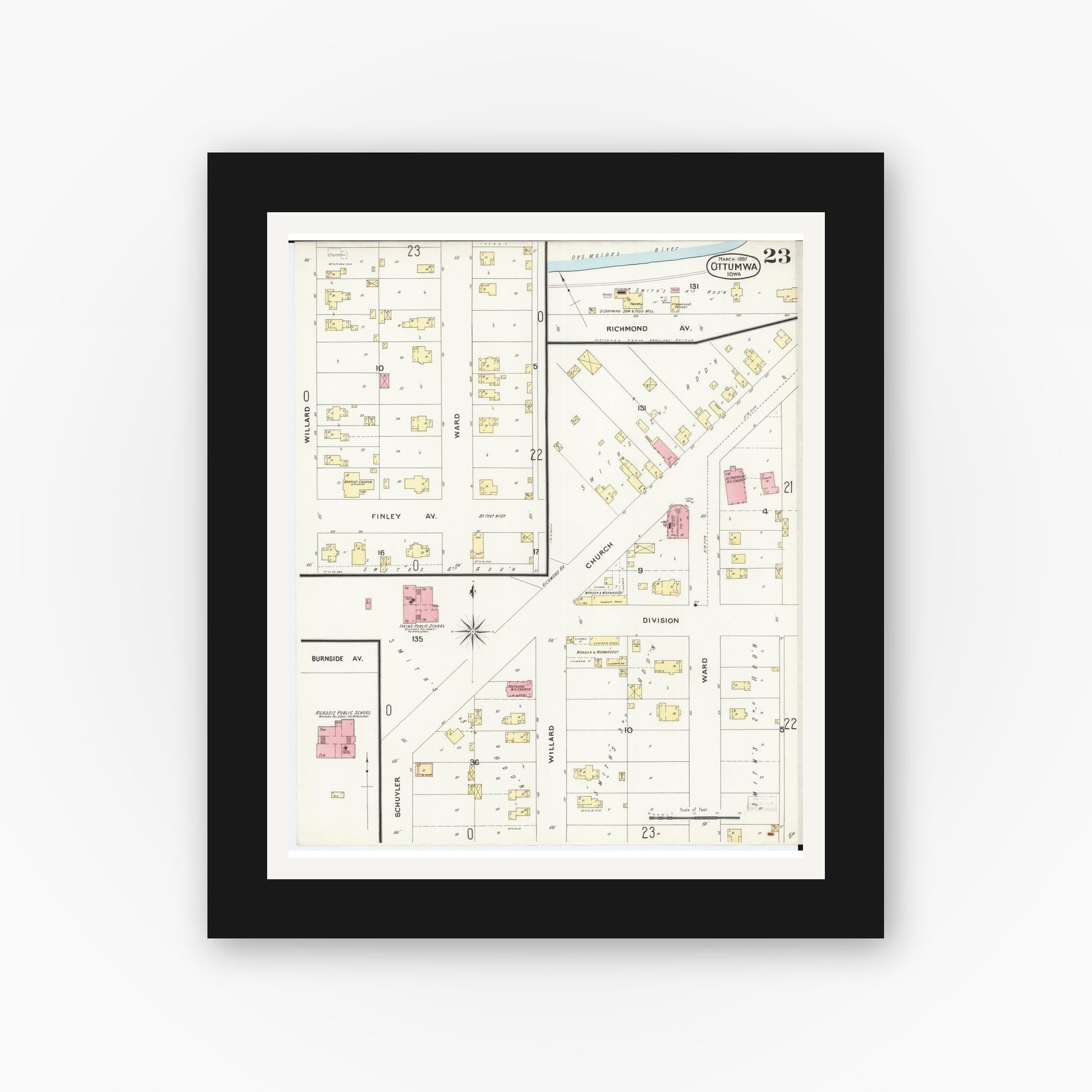 Old map wall art mockup — black gallery frame with white mat — Sanborn Fire Insurance Map from Ottumwa, Wapello County, Iowa (1897), Sheet #0023