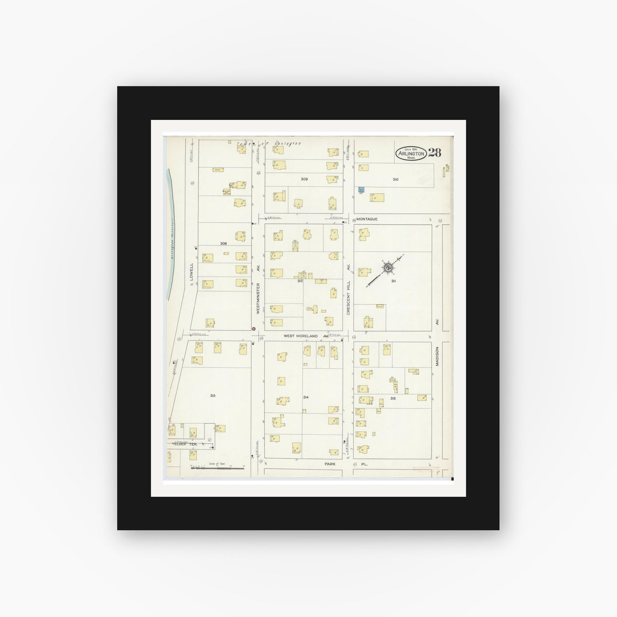 Old map wall art mockup — black gallery frame with white mat — Sanborn Fire Insurance Map from Arlington, Middlesex County, Massachusetts (1914), Sheet #0028