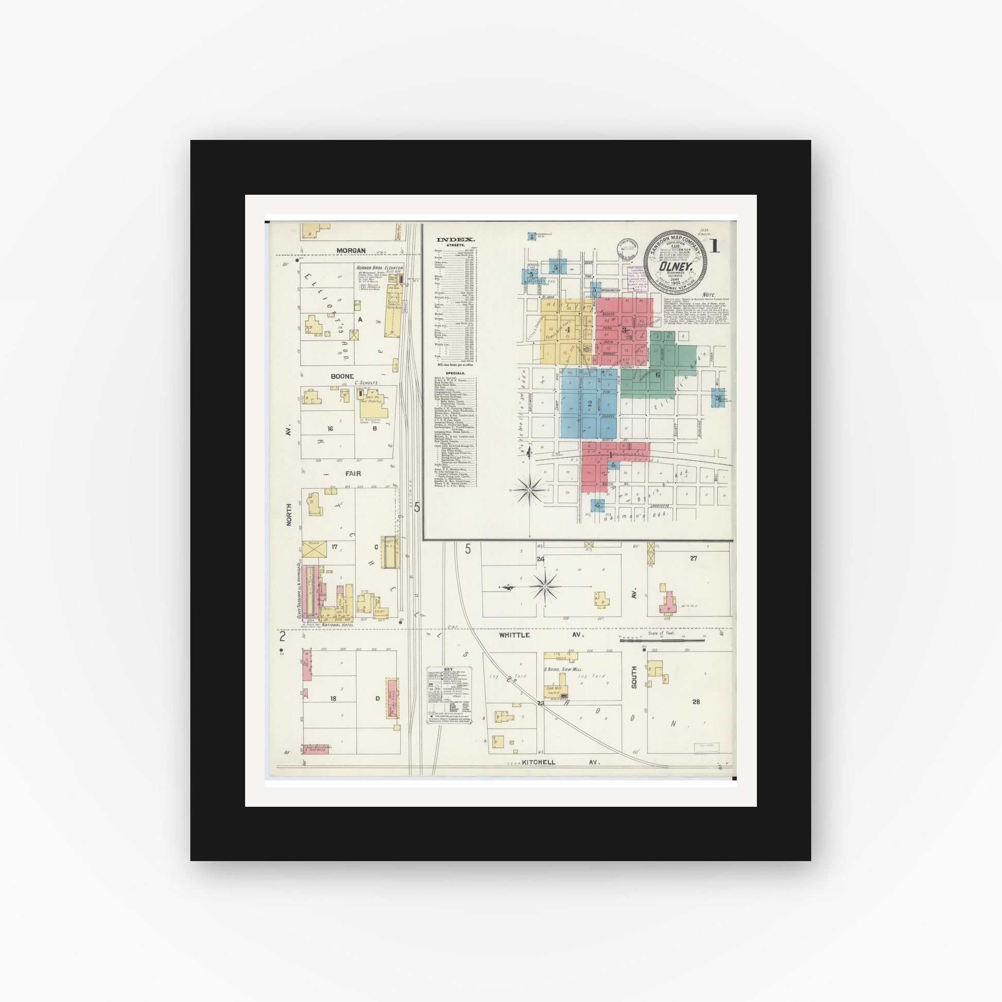 Old map wall art mockup — black gallery frame with white mat — Sanborn Fire Insurance Map from Olney, Richland County, Illinois (1902), Sheet #0001
