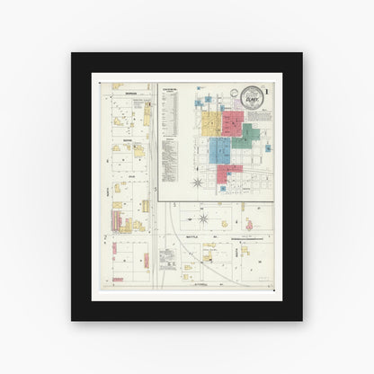 Old map wall art mockup — black gallery frame with white mat — Sanborn Fire Insurance Map from Olney, Richland County, Illinois (1902), Sheet #0001