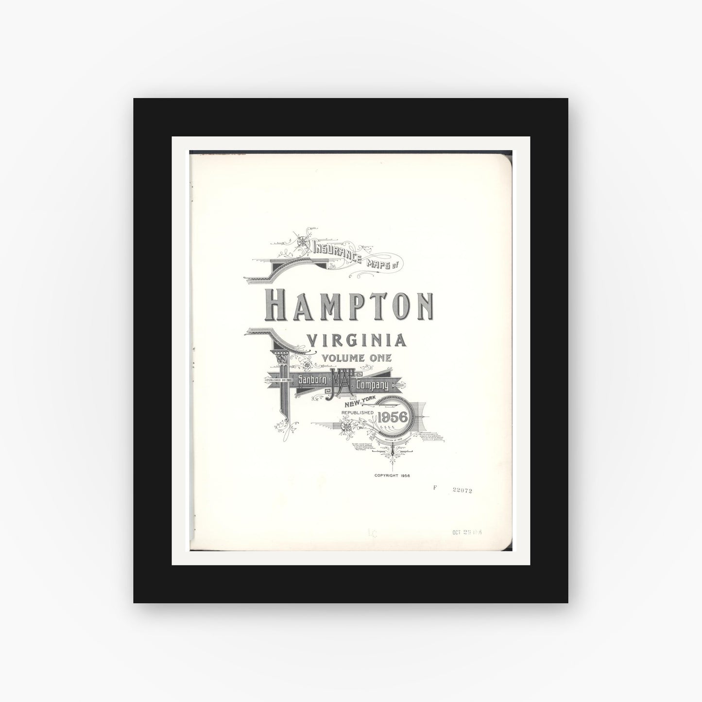 Old map wall art mockup — black gallery frame with white mat — Sanborn Fire Insurance Map from Hampton, Independent Cities, Virginia (1956), Sheet #0001