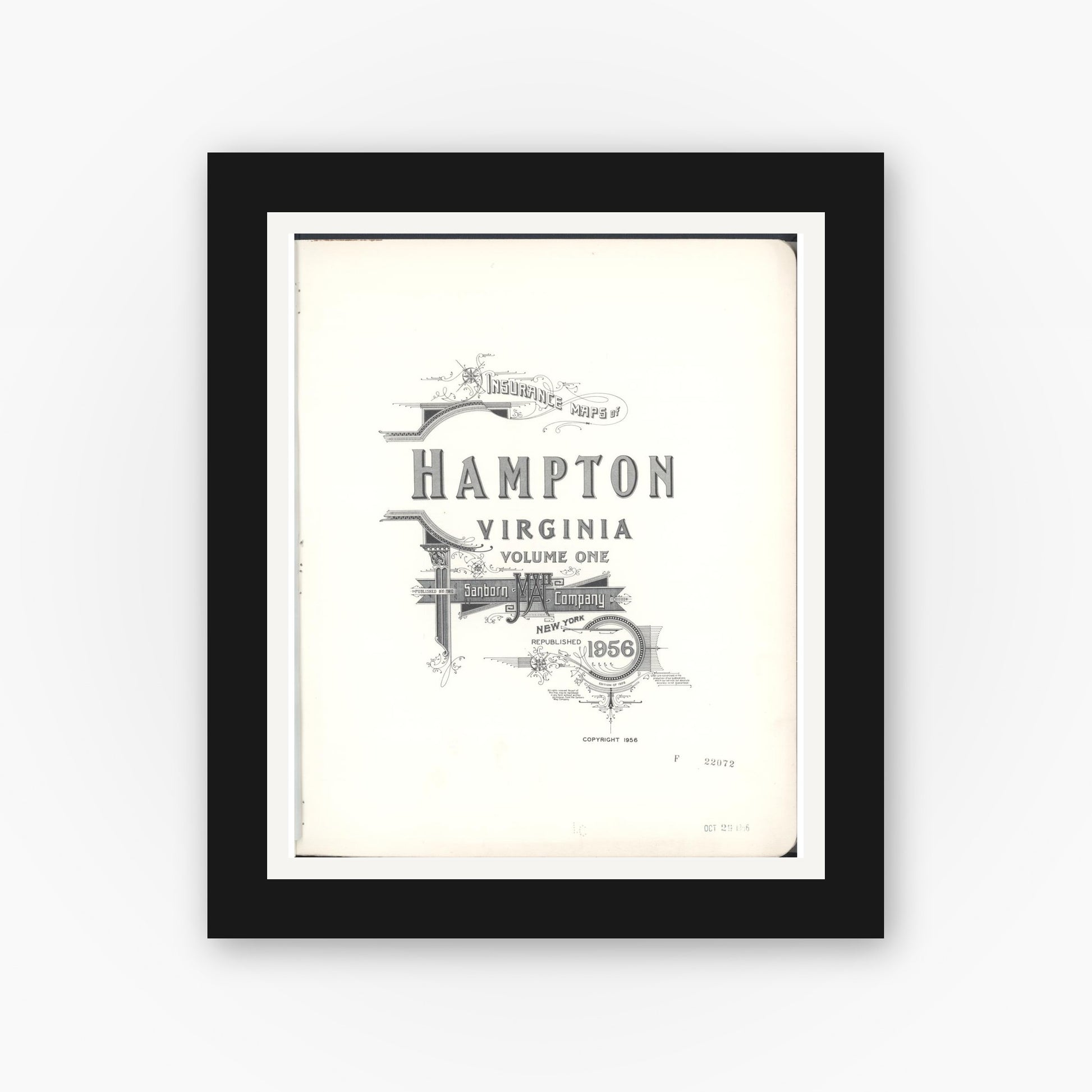 Old map wall art mockup — black gallery frame with white mat — Sanborn Fire Insurance Map from Hampton, Independent Cities, Virginia (1956), Sheet #0001