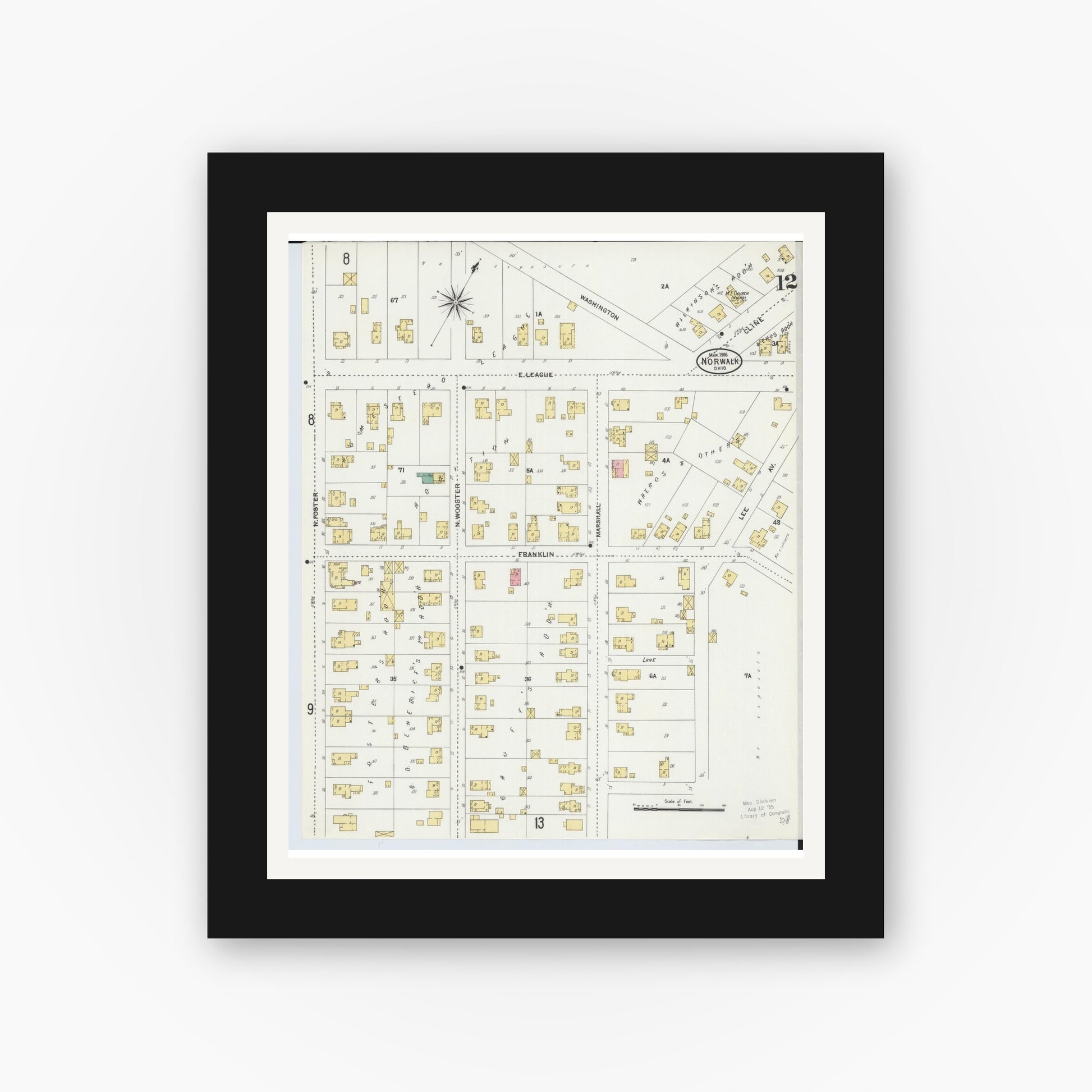 Old map wall art mockup — black gallery frame with white mat — Sanborn Fire Insurance Map from Norwalk, Huron County, Ohio (1906), Sheet #0012
