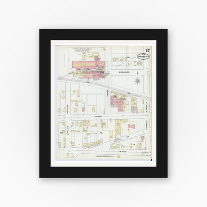 Old map wall art mockup — black gallery frame with white mat — Sanborn Fire Insurance Map from Springfield, Clark County, Ohio (1891), Sheet #0017