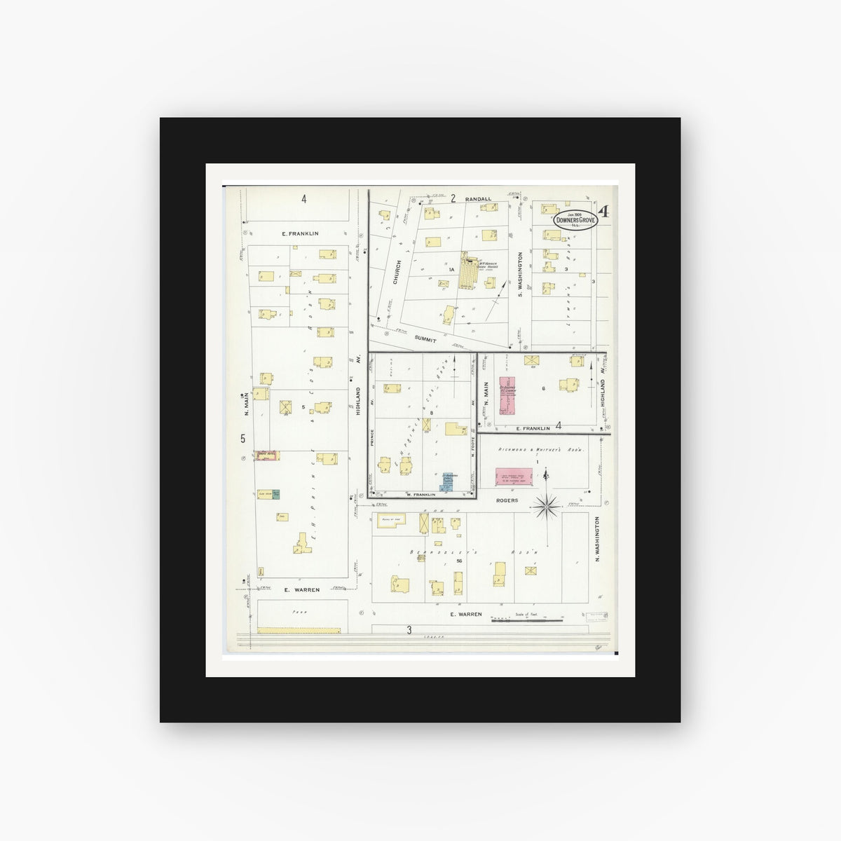 Old map wall art mockup — black gallery frame with white mat — Sanborn Fire Insurance Map from Downers Grove, Dupage County, Illinois (1909), Sheet #0004