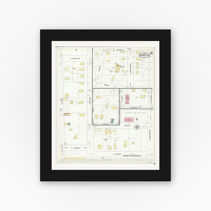 Old map wall art mockup — black gallery frame with white mat — Sanborn Fire Insurance Map from Downers Grove, Dupage County, Illinois (1909), Sheet #0004