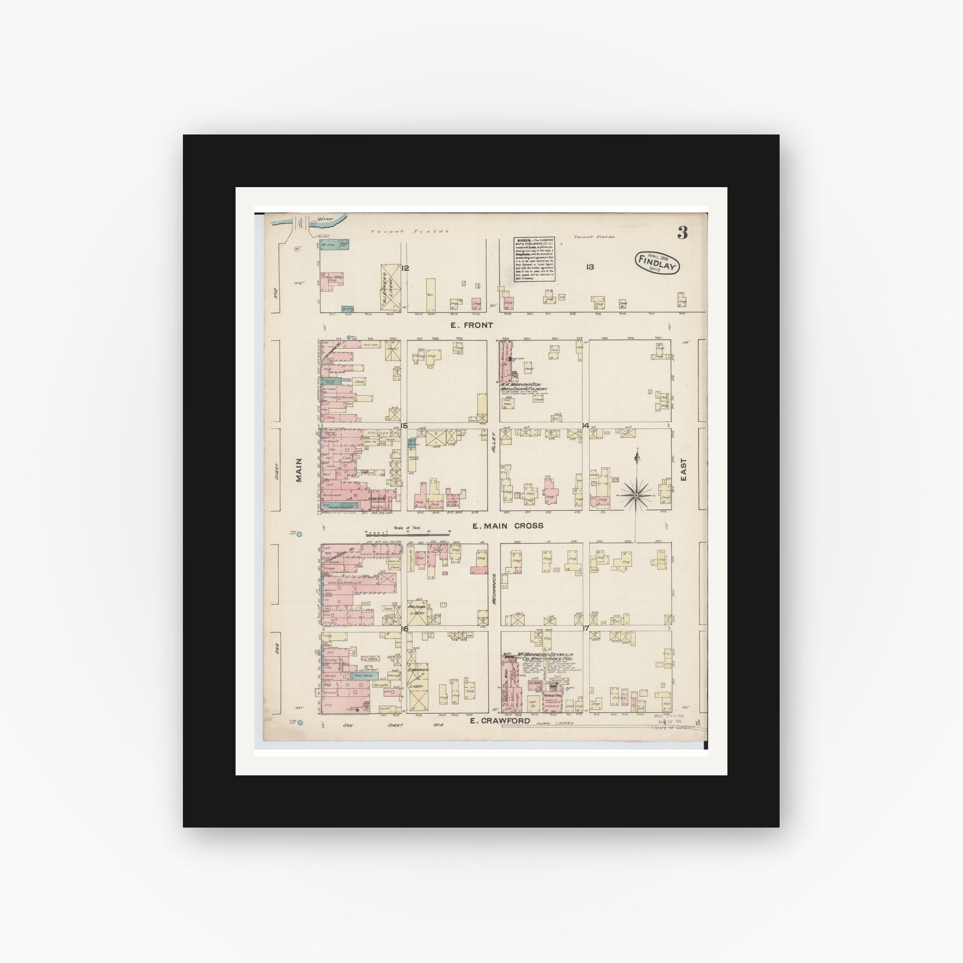 Old map wall art mockup — black gallery frame with white mat — Sanborn Fire Insurance Map from Findlay, Hancock County, Ohio (1884), Sheet #0003