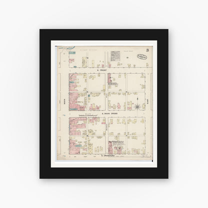 Old map wall art mockup — black gallery frame with white mat — Sanborn Fire Insurance Map from Findlay, Hancock County, Ohio (1884), Sheet #0003