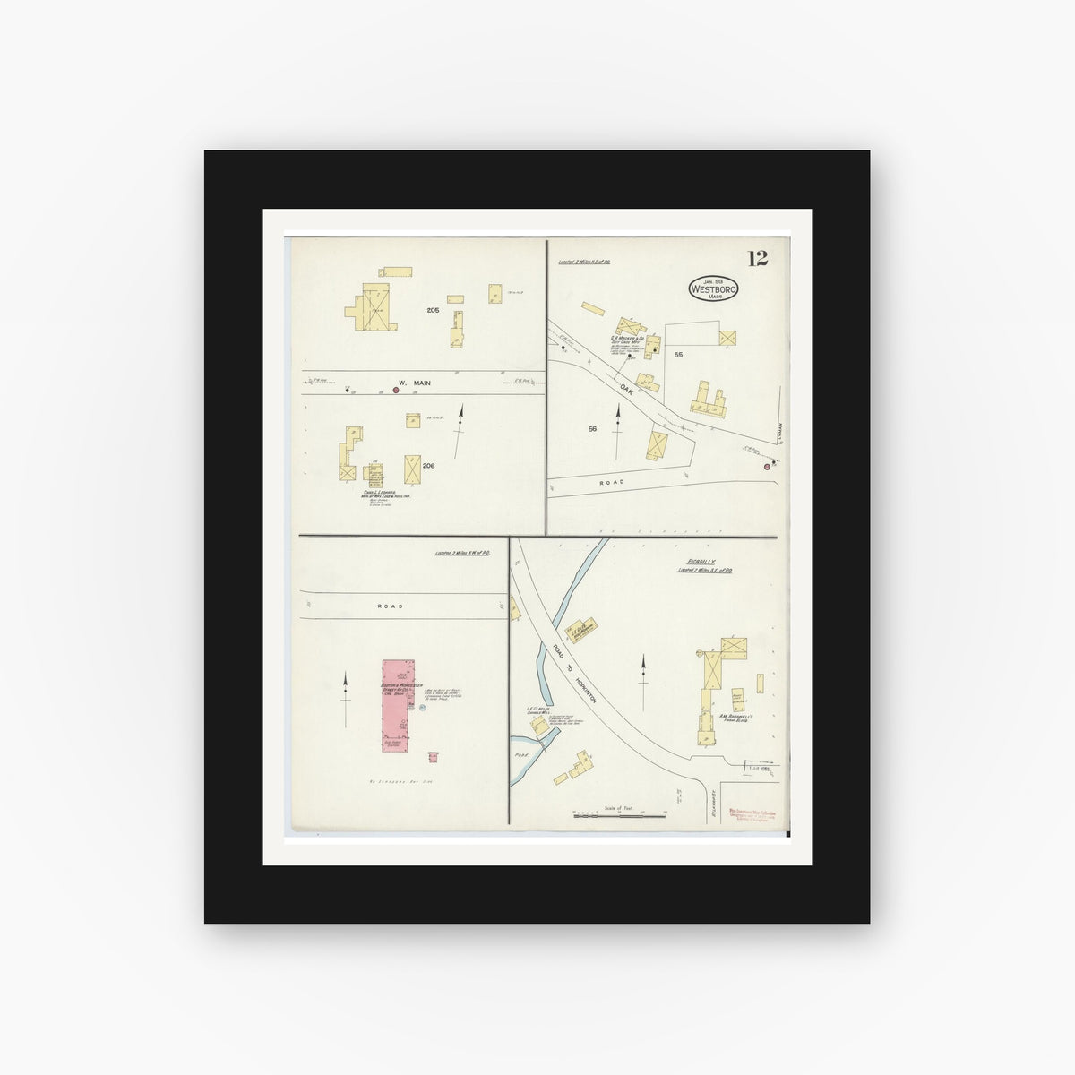 Old map wall art mockup — black gallery frame with white mat — Sanborn Fire Insurance Map from Westboro, Worcester County, Massachusetts (1913), Sheet #0012
