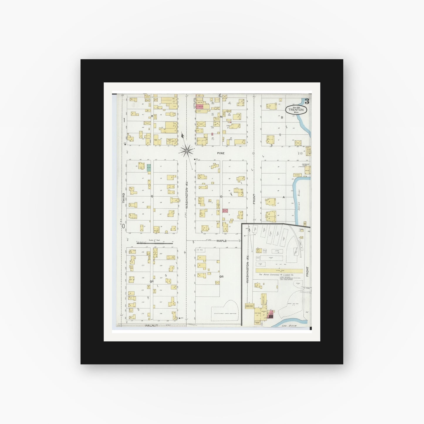 Old map wall art mockup — black gallery frame with white mat — Sanborn Fire Insurance Map from Trenton, Wayne County, Michigan (1900), Sheet #0003