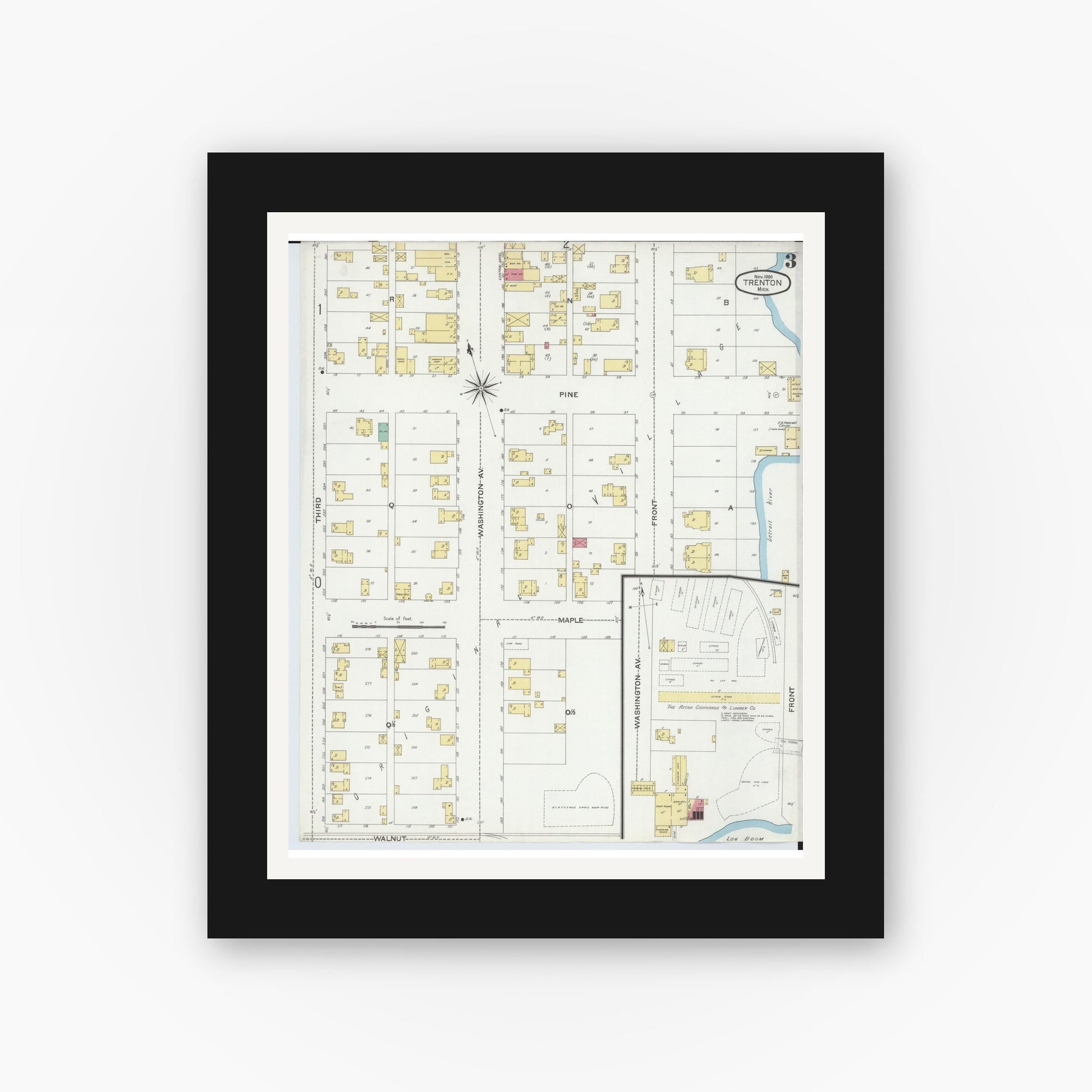 Old map wall art mockup — black gallery frame with white mat — Sanborn Fire Insurance Map from Trenton, Wayne County, Michigan (1900), Sheet #0003