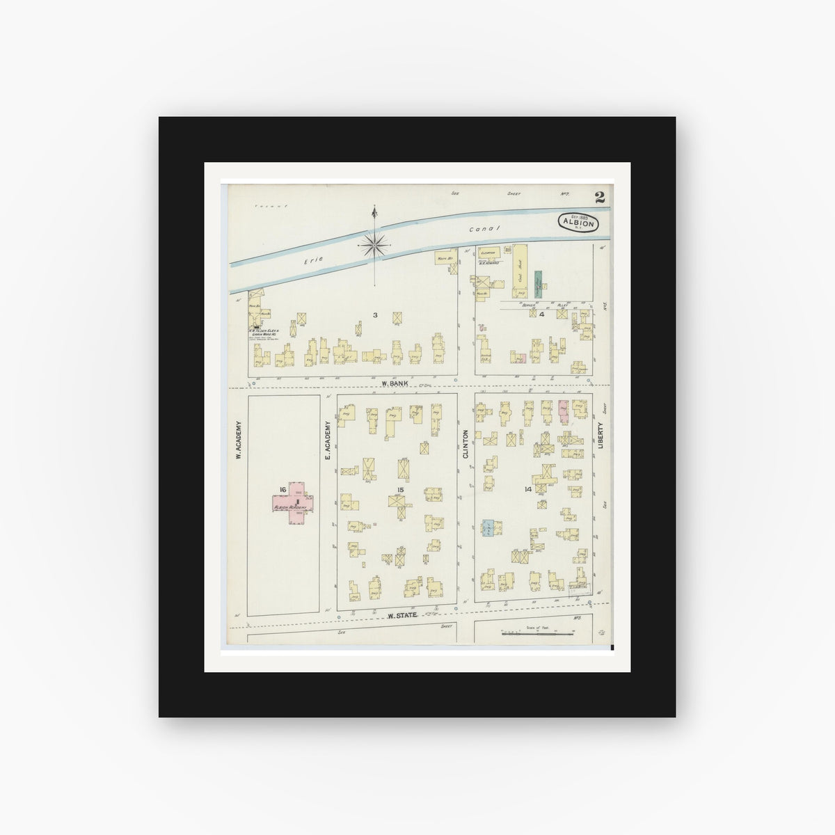 Old map wall art mockup — black gallery frame with white mat — Sanborn Fire Insurance Map from Albion, Orleans County, New York (1889) - Complete Map Set